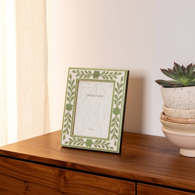 Wood Glass Decorative Photo Frame Handcrafted Boho for Home Display - Green - 7.5" x 0.75" x 9.5"