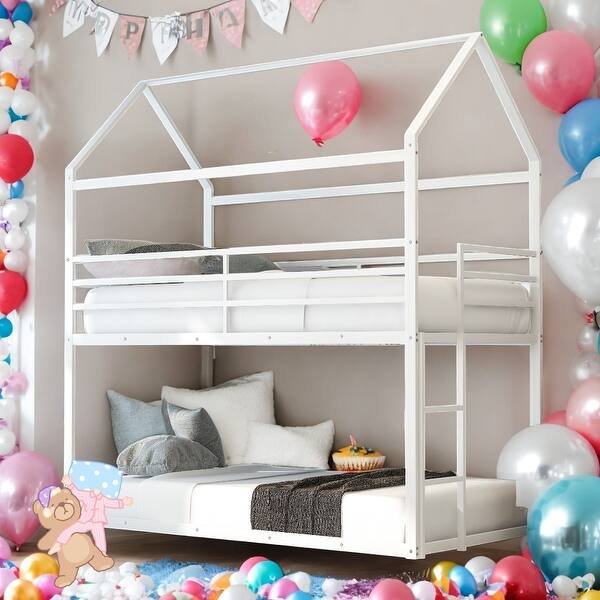slide 2 of 9, Modren Twin over Twin House Bunk Bed With Metal Frame and Built-in Ladder for Bedroom