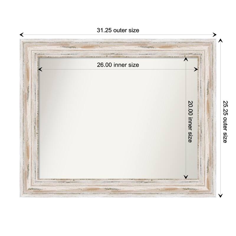 Alexandria White Wash Framed Non-Beveled Custom Wall Mirror, Bathroom Vanity Mirror - Outer Size: 31.25 x 25.25