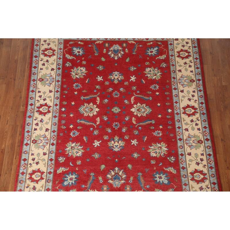 Red Kazak Area Rug Hand-Knotted Floral Wool Carpet - 5'9" x 7'8"
