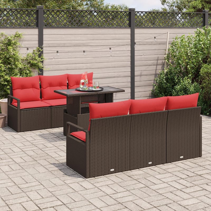 vidaXL 7 Garden Sofa Set with Cushions Black/Brown/Grey Poly Rattan - 68.9 x 24.4 x 27.2