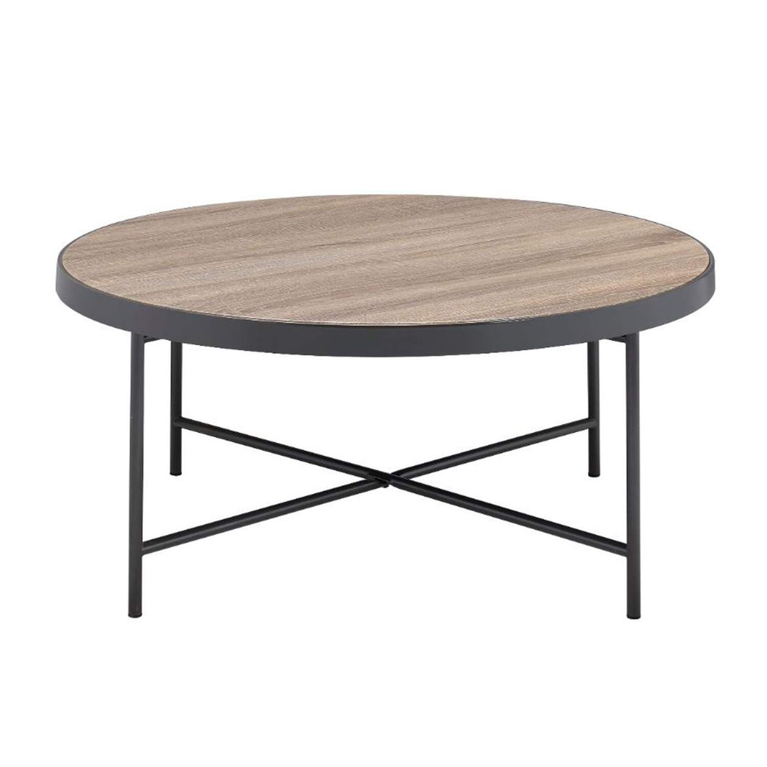 Round Wooden Top Coffee Table With Metal Frame Only the table, no chairs.