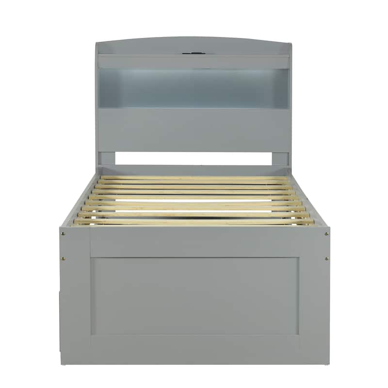 Gray Twin XL Platform Bed with Storage LED Headboard, Charging Station, Trundle and 2 Drawers