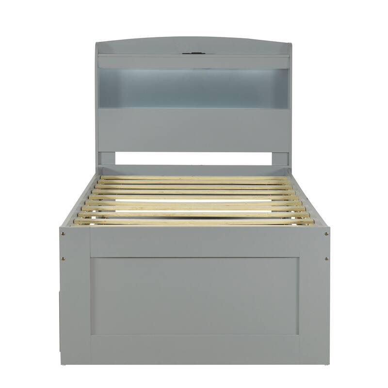 Twin XL Bed with LED Headboard, Charging Station, Trundle Bed, and 2 Drawers, Ideal for Small Spaces