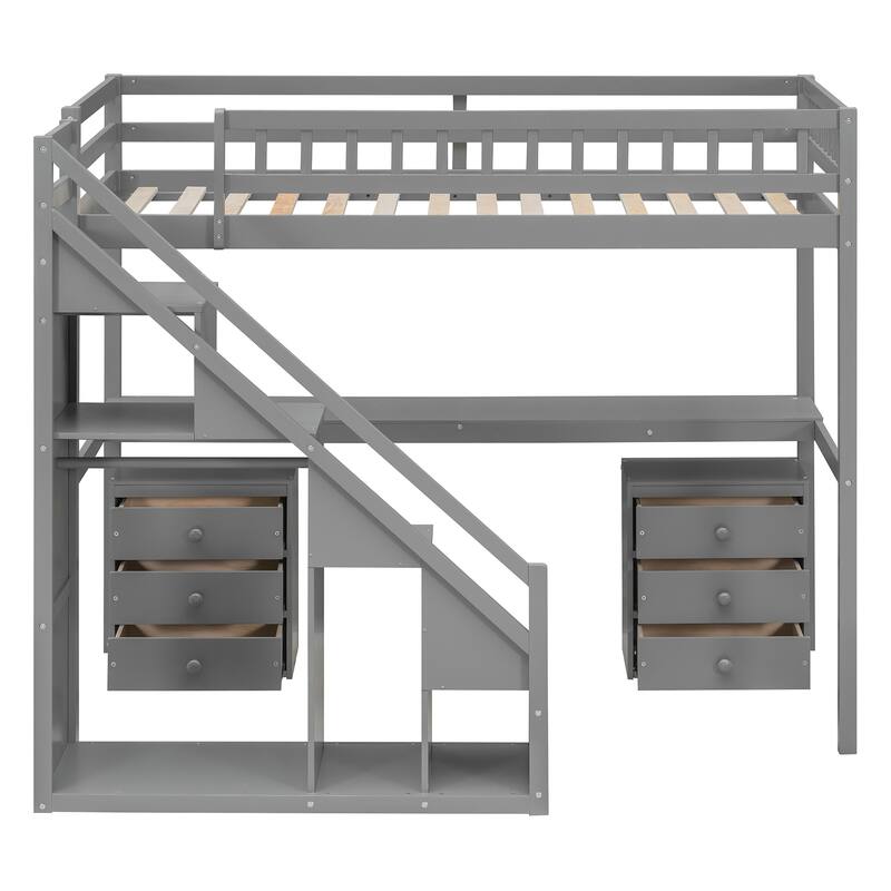Roomfitters Twin/Full Size Loft Bed with Desk, Two Chests of Storage Drawers and Lighting