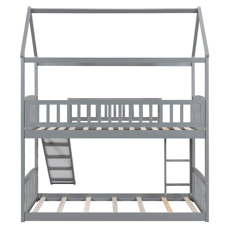 Twin Over Twin Bunk Bed with Slide, House Bed with Slide, Gray