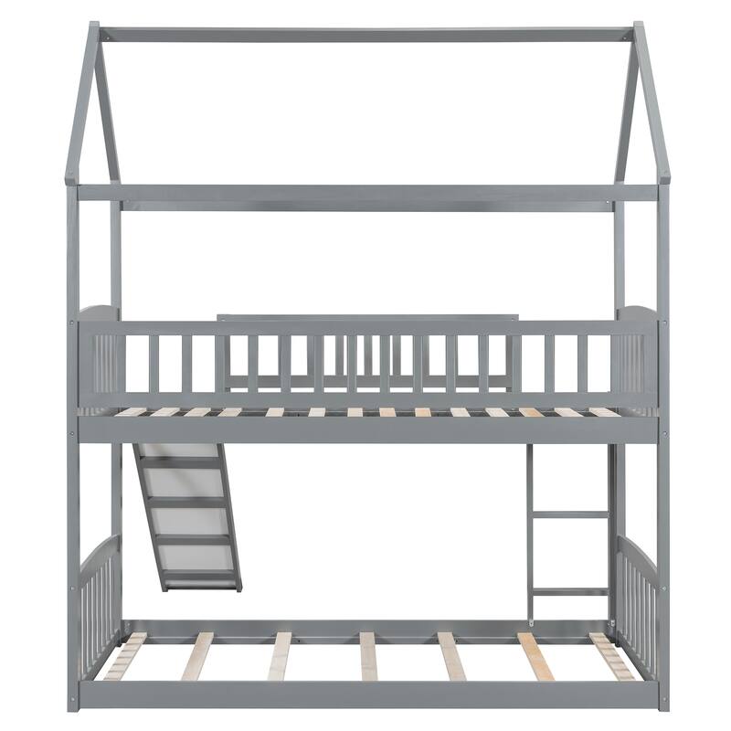 Twin over Twin Floor Bunk Bed, Solid Wood House Shaped Bunk Bed Frame, Twin Size Kids Playhouse Bunk Bed with Slide and Ladder