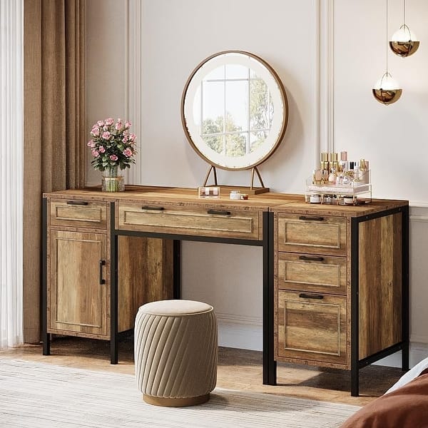 Farmhouse Makeup Vanity Desk with 5 Drawers and Cabinet for Bedroom - Bed Bath & Beyond - 42997574 Farmhouse Makeup Vanity Desk with 5 Drawers and Cabinet for Bedroom - Bed Bath & Beyond - 42997574