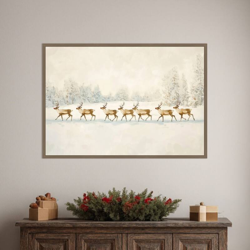 Winter Wonderland: Reindeer Procession by Melloi Art Prints Framed Canvas Wall Art Print - Sylvie Dark Gold