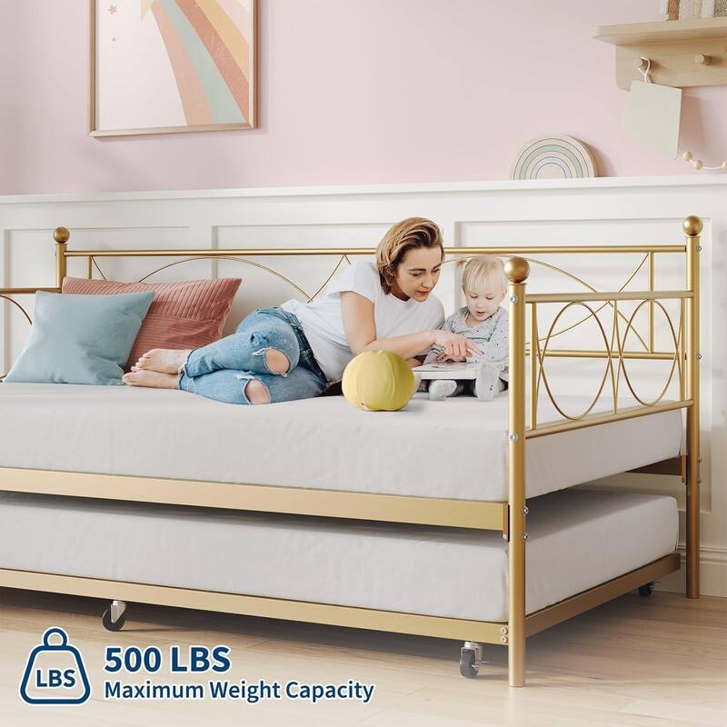 Metal Daybed with Trundle Set, Space-Saving Sofa Bed Frame with Steel Support for Bedroom or Living Room