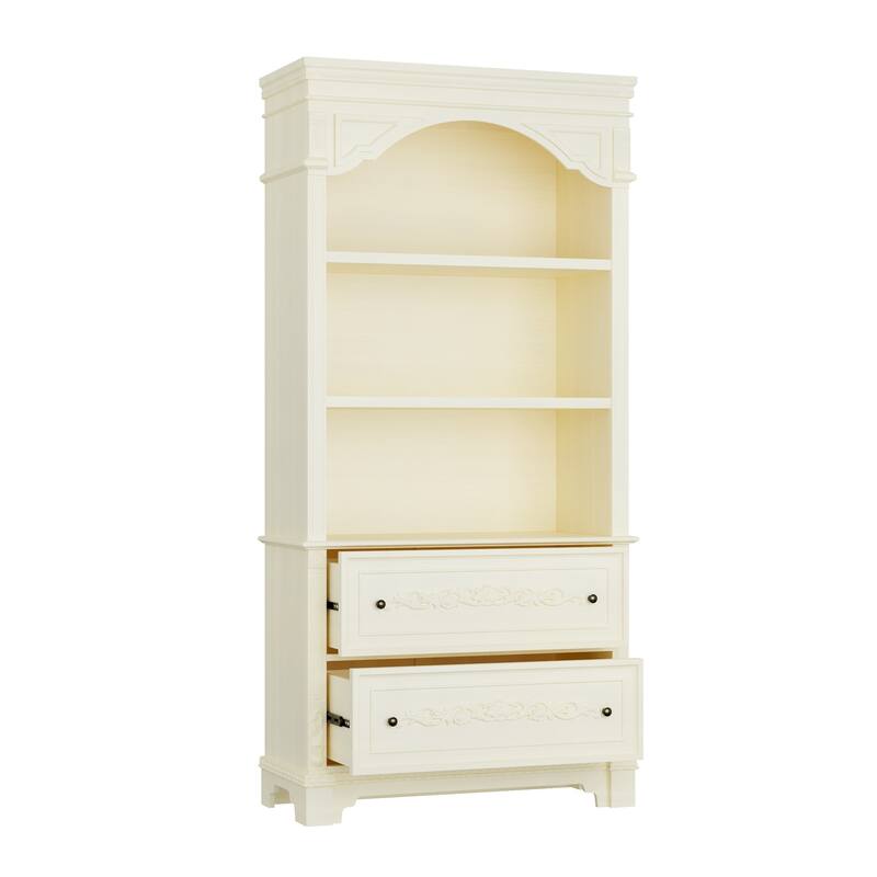 Vintage White Display Cabinet with Shelves and Drawers, Antique Bronze Handles, Hand-Rubbed Finish, Elegant Bookshelf