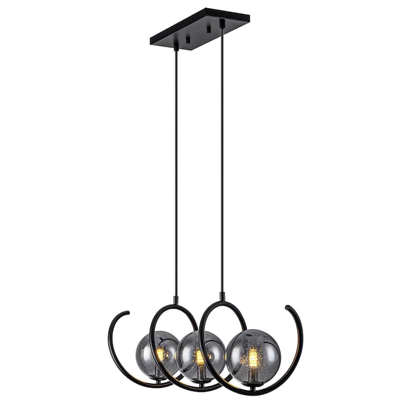 Modern 3-Light Black Spiral Pendant Light with Smoky Gray Glass Shades - Dia.24-in
