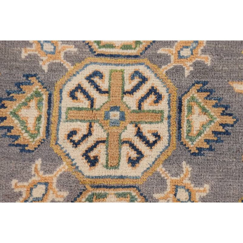 Gray Geometric Kazak Accent Rug Handmade Wool Carpet - 2'8" x 4'2"