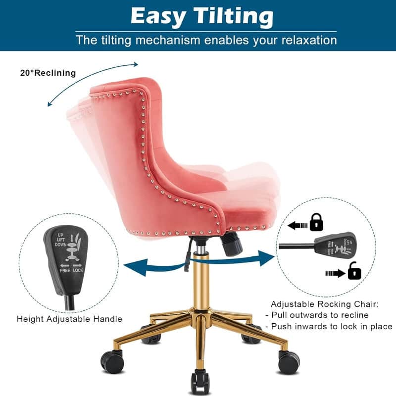 VINGLI Pink Velvet Office Chair with Wheels