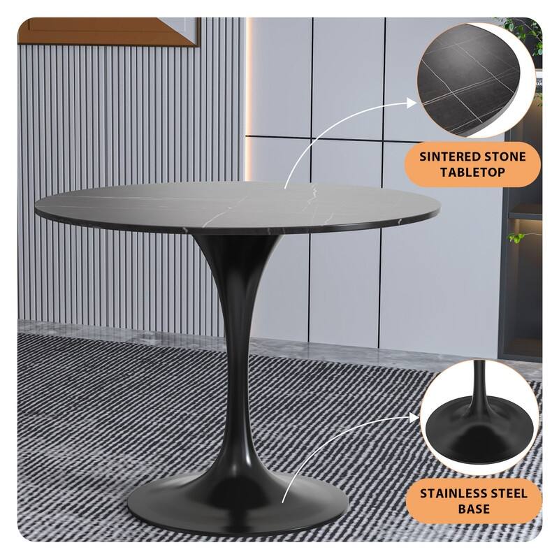 Verve Dining Table with a 36" Round Stone Tabletop in Black Steel - 35.43