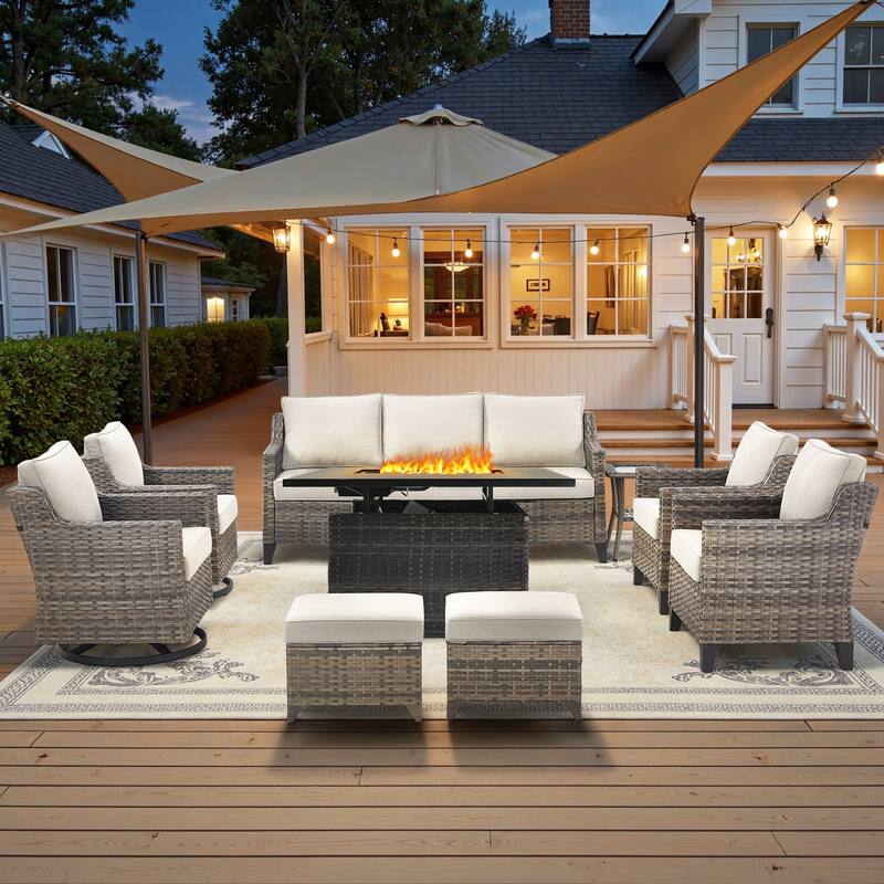 Glissia 9-Piece Gray Wicker Fire Pit Conversation Set with height-adjustable fire pit