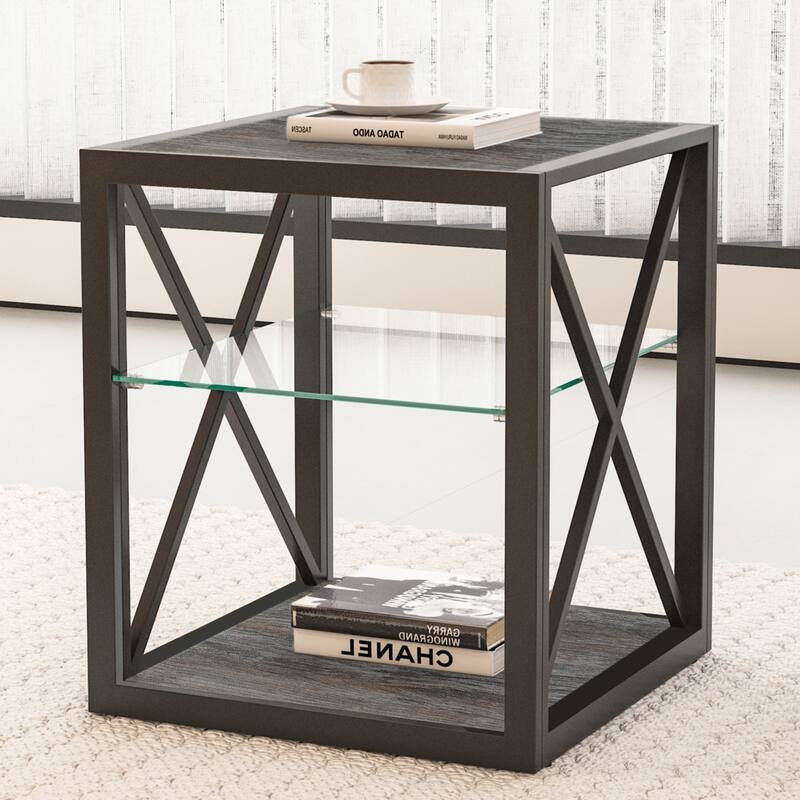 Set Of 2 Modern End Table Nightstand, Tempered Glass&Rustic Wood Grain Mdf,Industrial Style Side Table