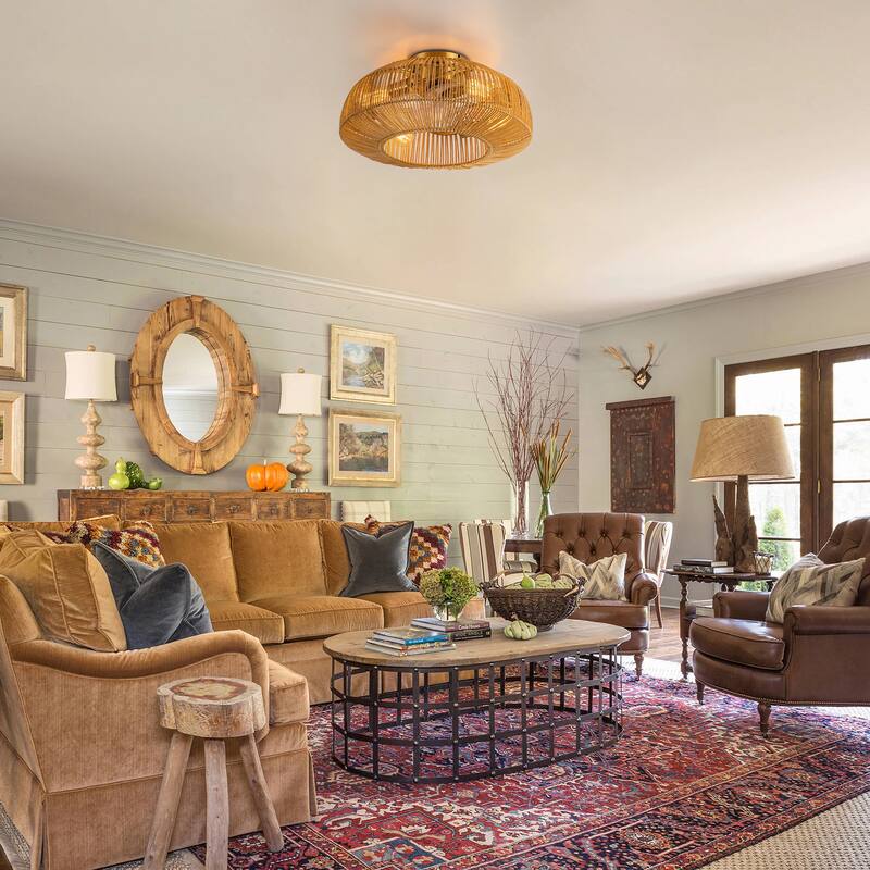20 in. 4-Light Farmhouse Rustic Handwoven 7-Blade Rattan Cage Semi-Flush Mount Ceiling Fan with Remote - 19.6 in. W x 9.8 in. H