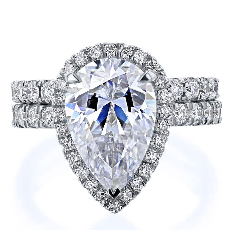 Kobelli Signature Collection Bold Series 3.9 Carats Lab Grown Diamond Certified 14k Solid Gold Pear Halo Paige 2pc Bridal Set - 9 - White