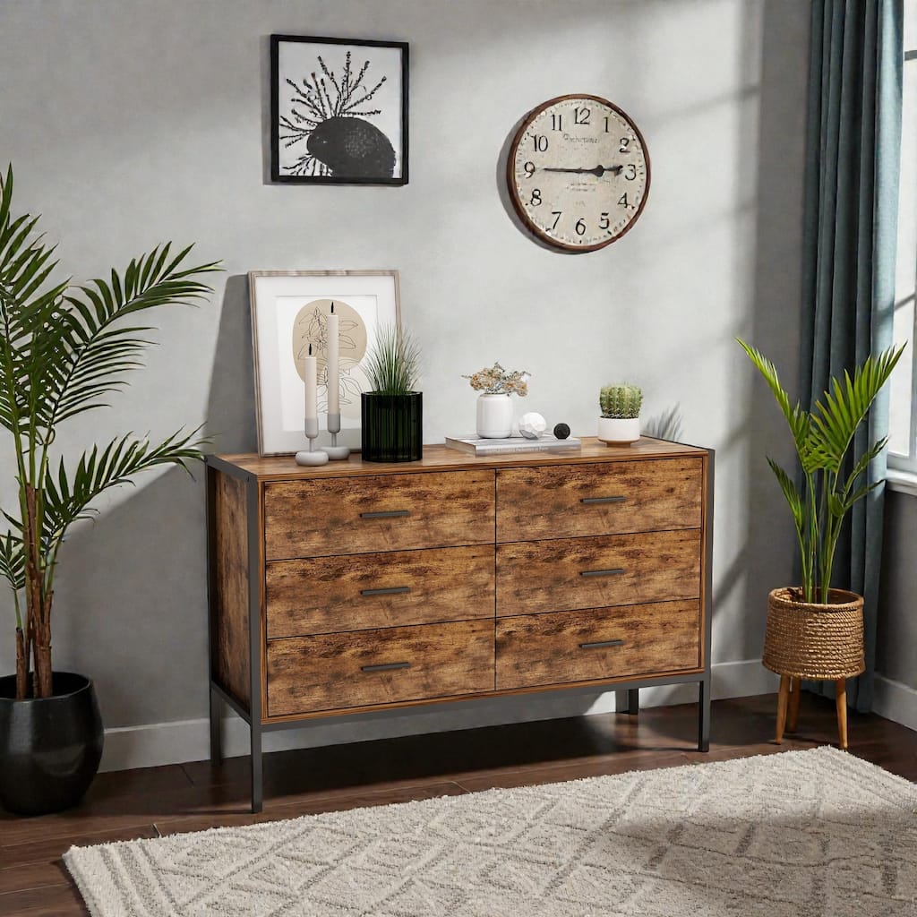 Industrial 6 Drawer Double Dresser, Rustic Brown Wood Storage Chest with Steel Frame for Bedroom Living Room