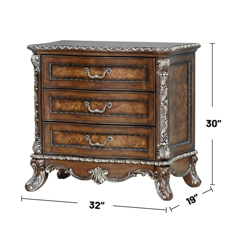 3 Drawers Nightstand with Floral Trim in Cherry Finish