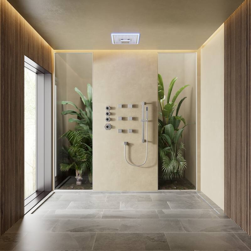 Shower Faucet System 16" Ceiling Mount Shower Head 3 Spray Modes Body Jets Handheld Spray with Slide Bar LED Music