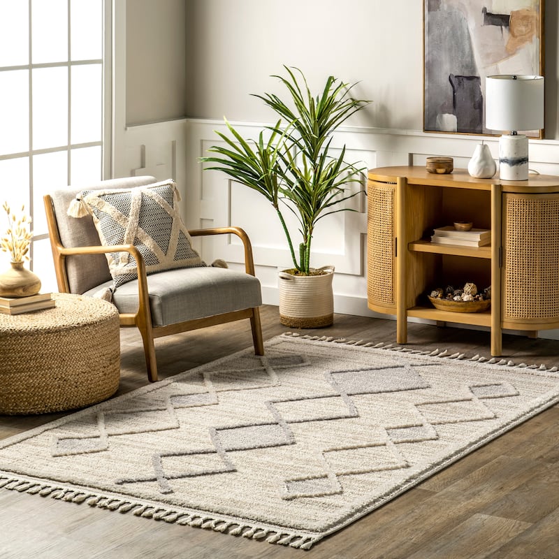 Nuloom Blanche Moroccan Lattice Tasseled Area Rug - 4' x 6' - Beige - Rectangle