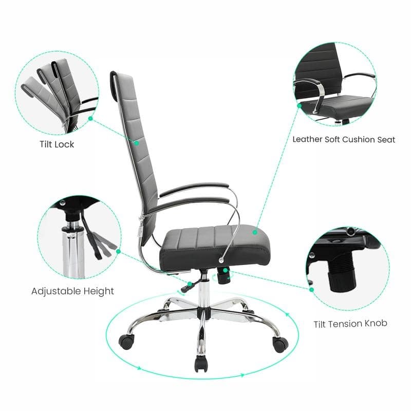 Benmar High-Back Leather Office Desk Chair in Stainless Steel Frame Adjustable Height Tilt Lock 360 Swivel Ergonomic Chair
