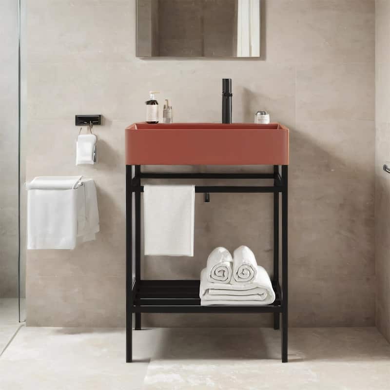 24" Bathroom Vanity Set with Ceramic Basin and Storage Shelves (No Faucet)