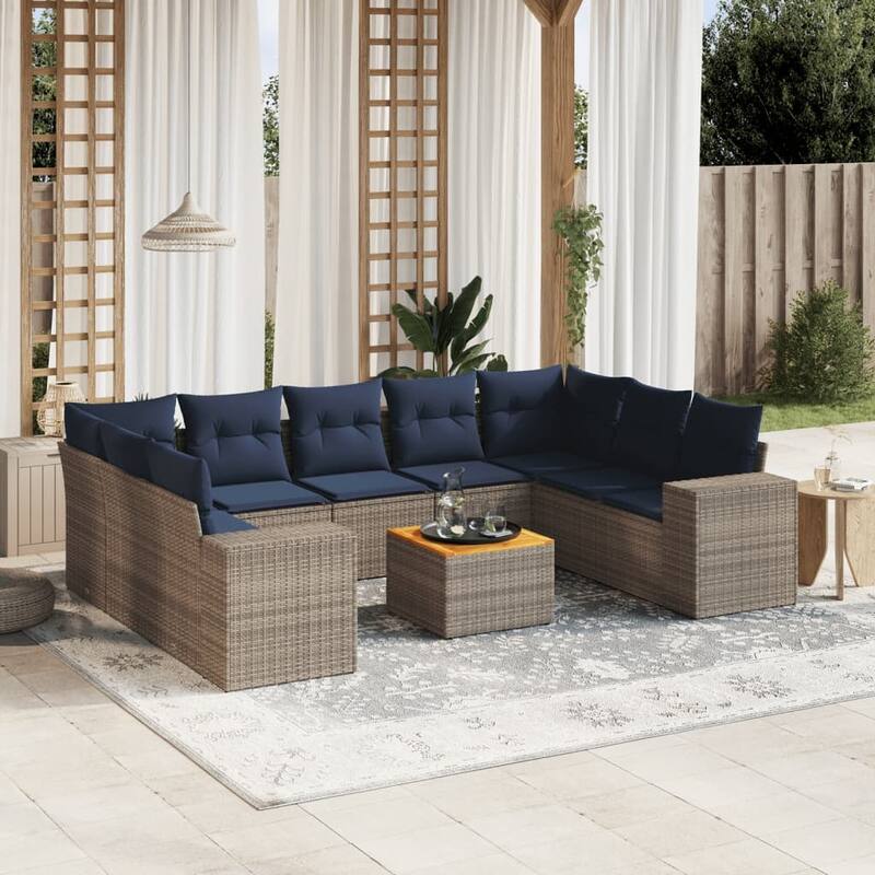 vidaXL 10 Piece Patio Sofa Set with Cushions Gray Poly Rattan - 113.8x33.5x78.7