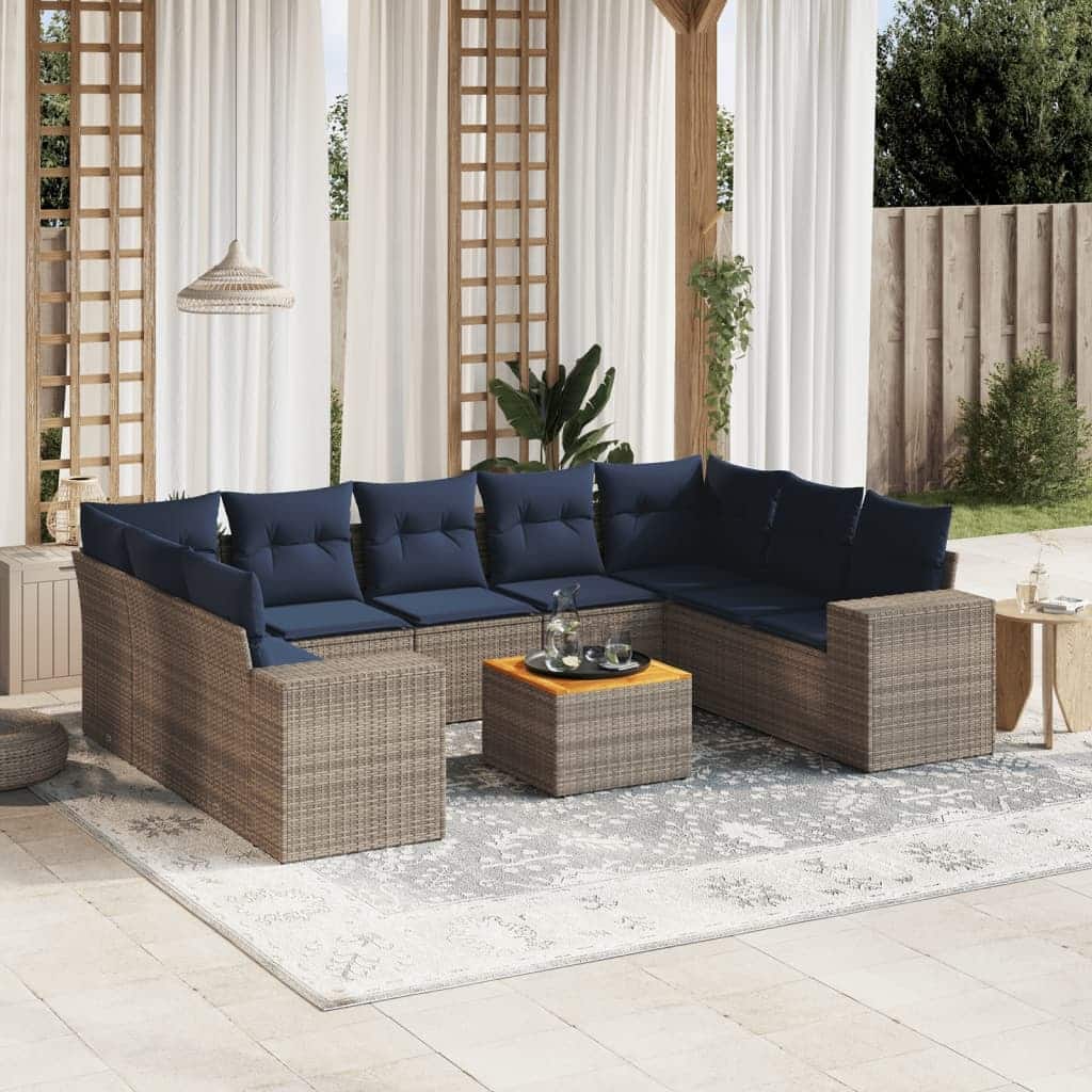 vidaXL 10 Piece Patio Sofa Set with Cushions Gray Poly Rattan