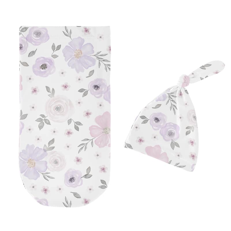 Watercolor Floral Collection Girl Baby Cocoon and Beanie Hat Sleep Sack - 2pc Set - Purple Pink Grey Boho Shabby Chic Flower