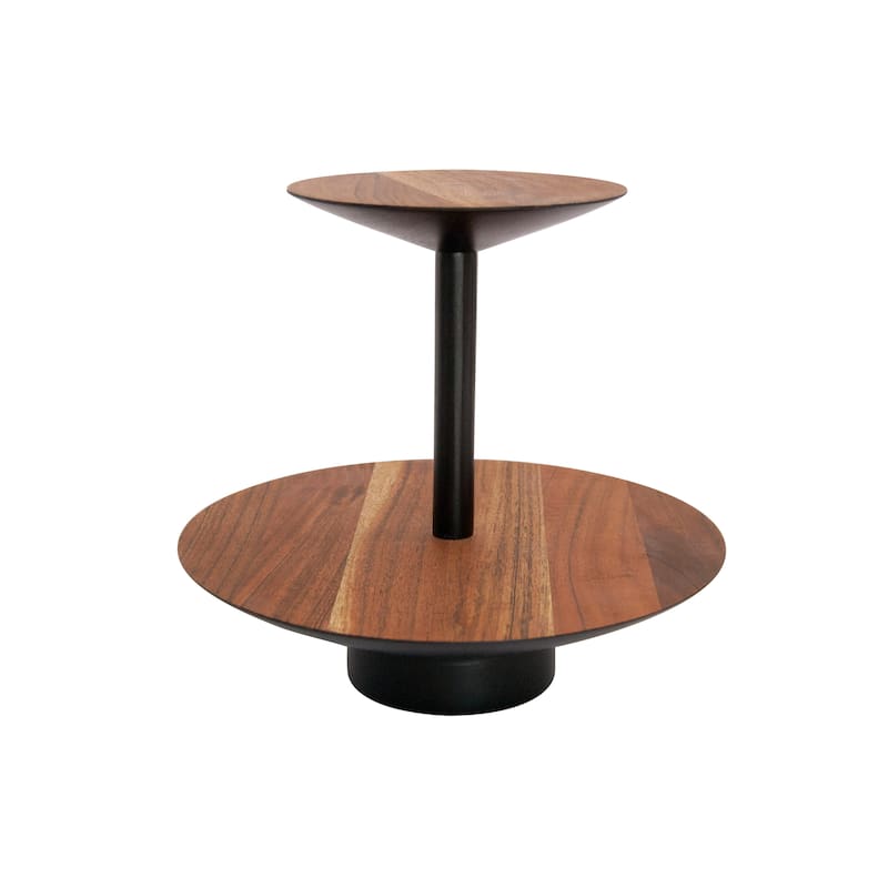 Acacia Wood 2-Tier Tray with Metal Stand - 9.8"L x 9.8"W x 9.0"H