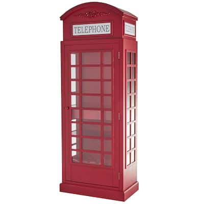 Wooden Telephone Vintage London Booth 2 Shelf and 6 Bottle Standing Wine Rack with Drawer Storage - Red - Roche River Decor