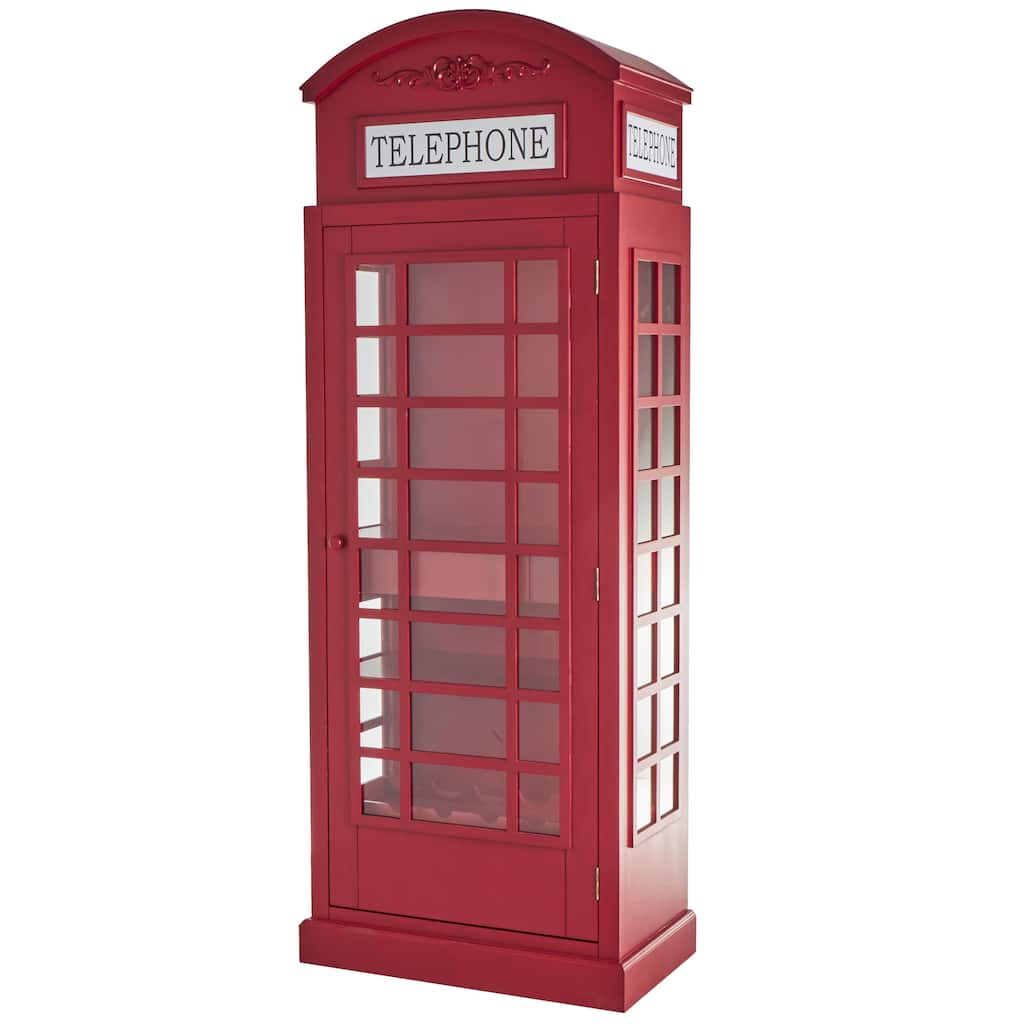 Wooden Telephone Vintage London Booth 2 Shelf and 6 Bottle Standing Wine Rack with Drawer Storage - Red - Roche River Decor