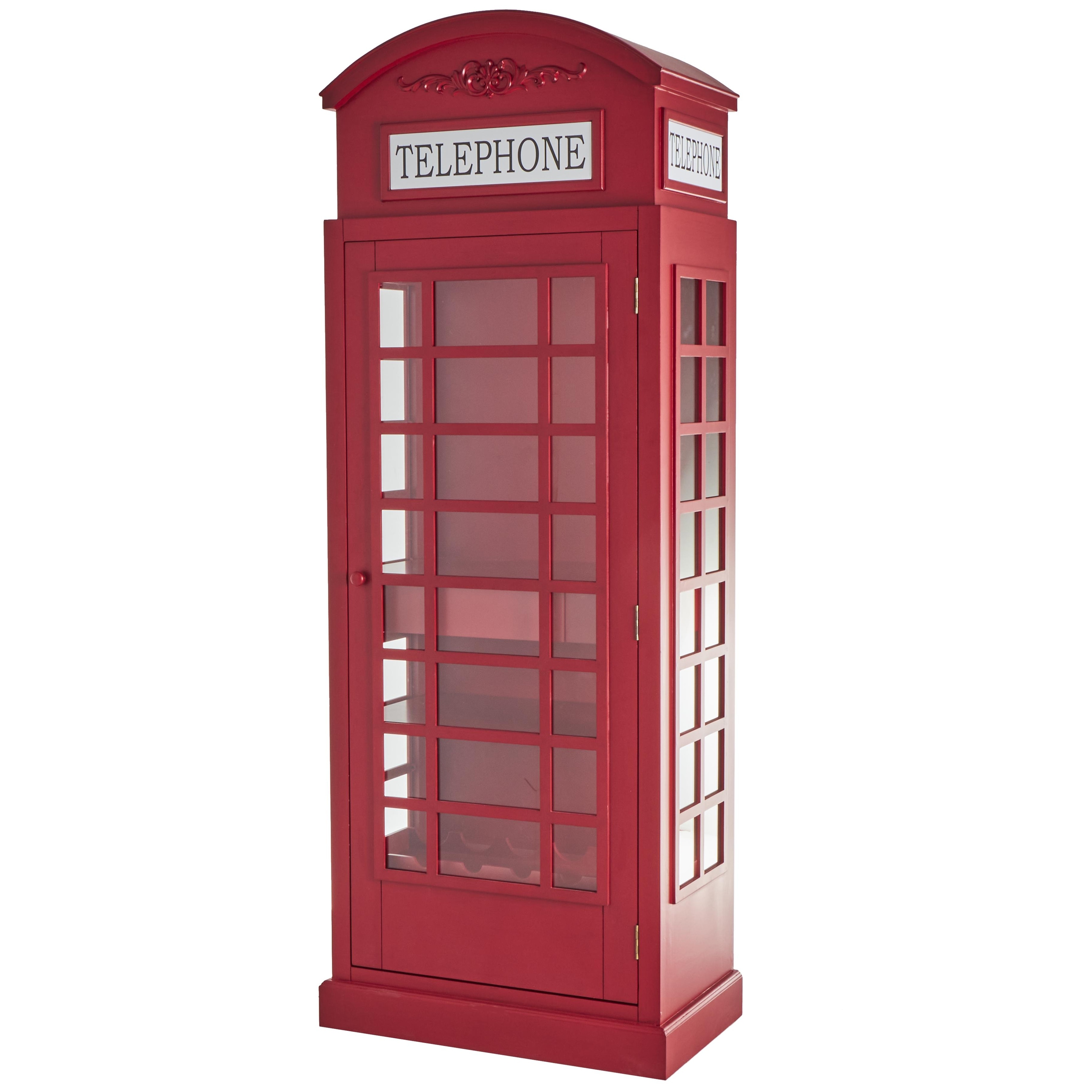 Wooden Telephone Vintage London Booth 2 Shelf and 6 Bottle Standing Wine Rack with Drawer Storage - Red - Roche River Decor
