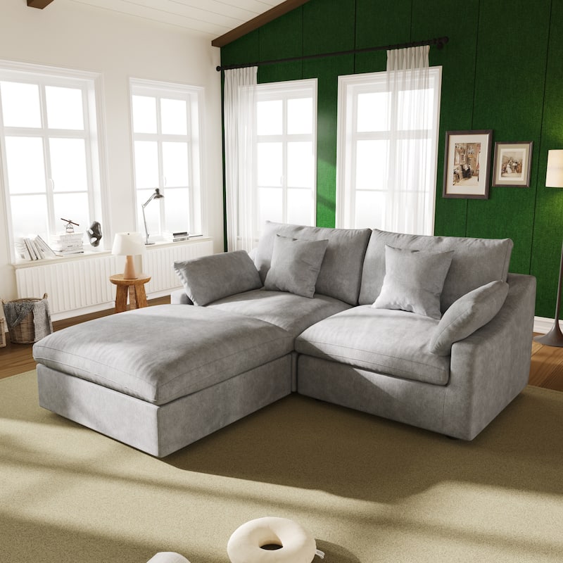 82.68'' Down Filled Sectional Couch L-shape Linen Upholstered Loveseat with Ottoman - Grey