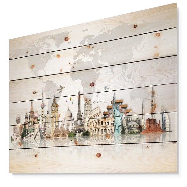 Designart 'Famous Monuments Across World Map' Print on Natural