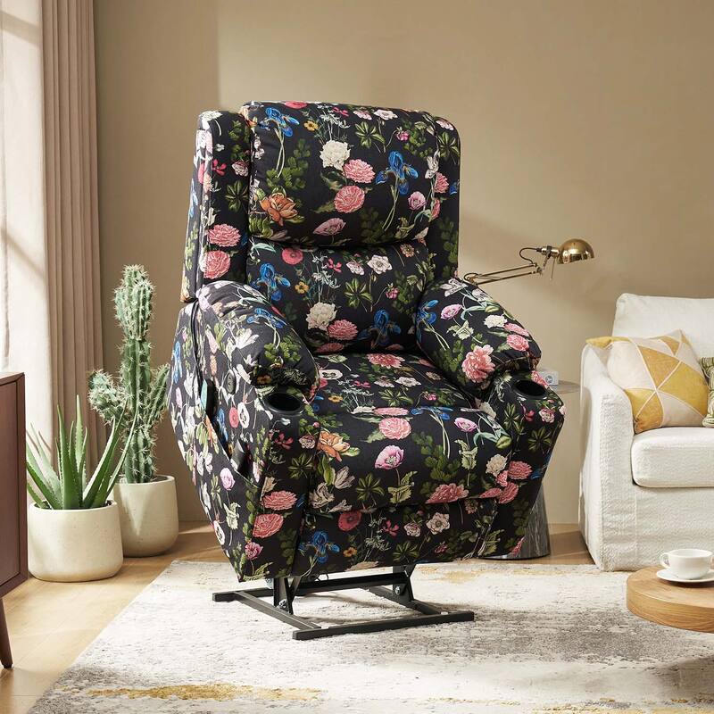 Larry Traditional Floral Dual Motor Heated Lift Assist Power Recliner with Massage by HULALA HOME - Black