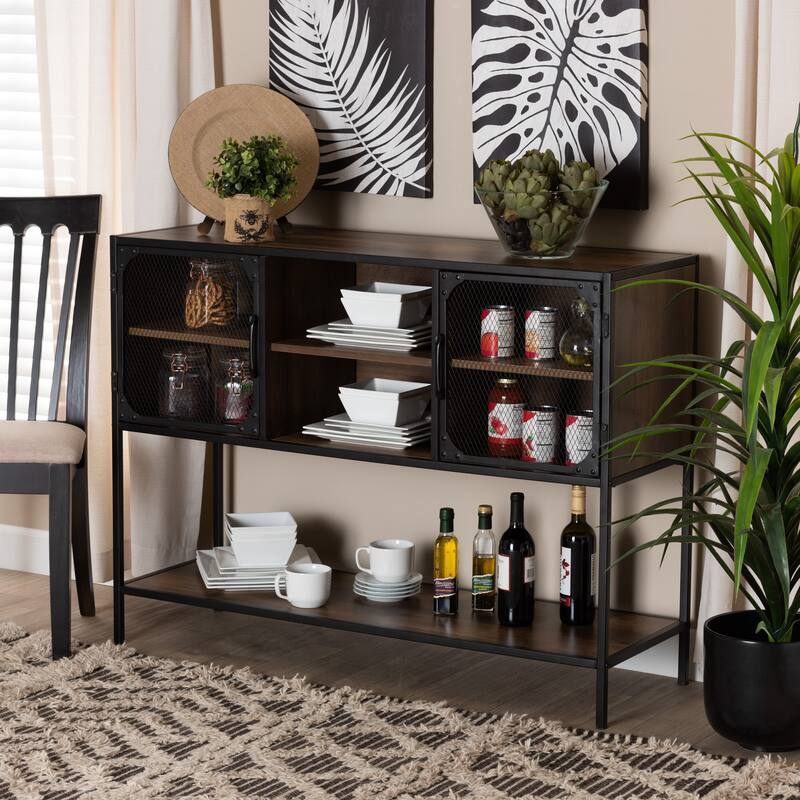 Cardea Modern Industrial Walnut Brown Finished Wood and Black Metal 2-Door Sideboard