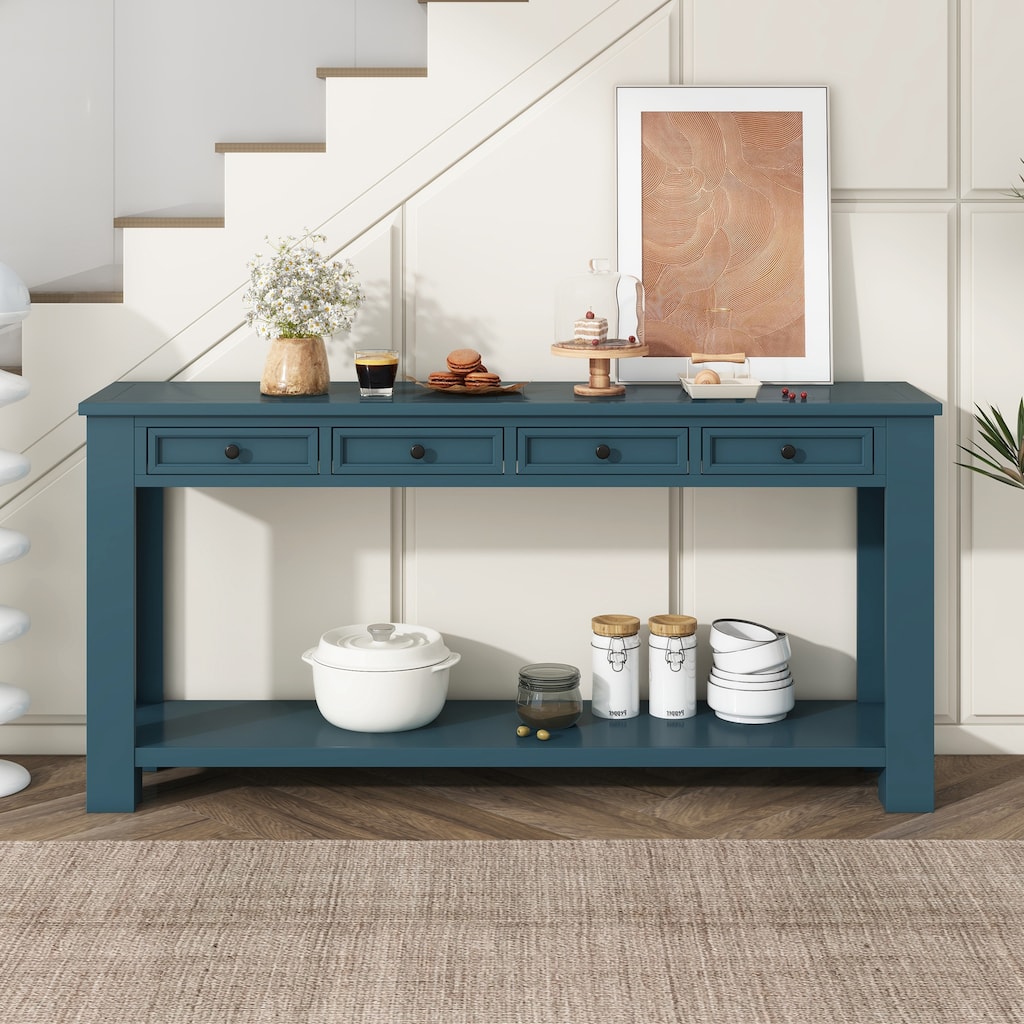 Rustic Chic Console Table/Sofa Table with 4 Storage Drawers and Bottom Shelf, 63" Extra Long Living Room Entryway Side Table
