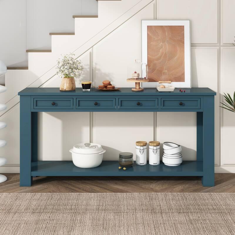 Sofa Table with Storage Drawers and Bottom Shelf - Dark Blue