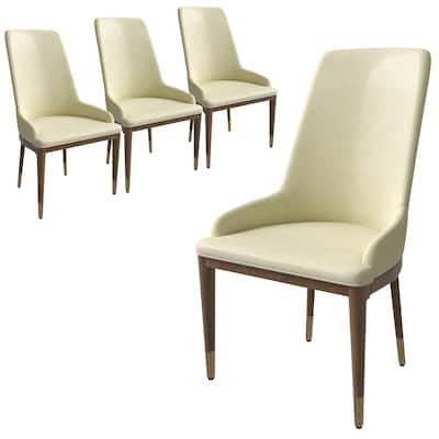 Dining Chair Upholstered in Leather with Rubberwood Frame Set of 4 Side Chair High Back and Gold Accent Legs