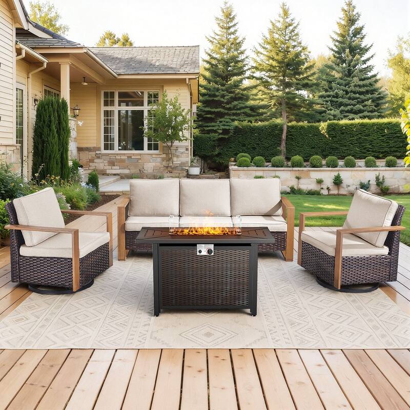 Meyreso Wicker Outdoor Patio Metal Fire Pit Set with Swivel Gliders & 4.5" Olefin Cushions