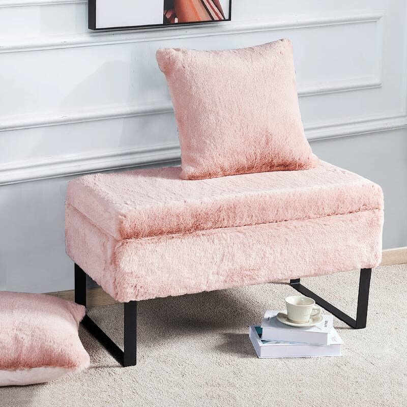 Heavy FauxFur Storage Ottoman with 2 Pillow Set