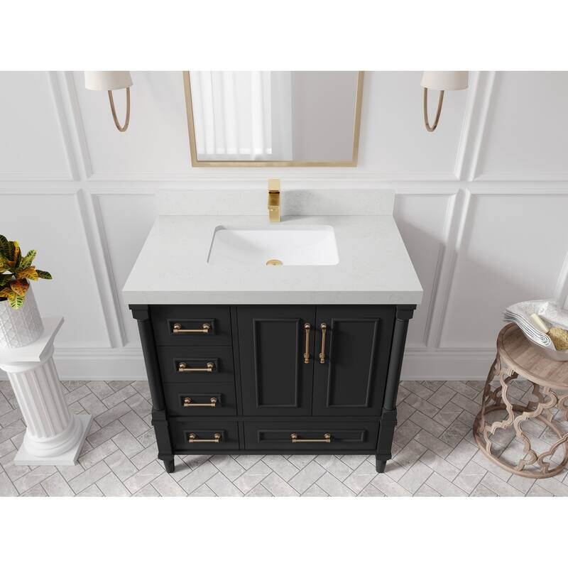 Willow Collections 36 in. W x 22 in. D Aberdeen Center Right Offset Sink Bathroom Vanity with Countertop - 2”Carrara Quartz - Black