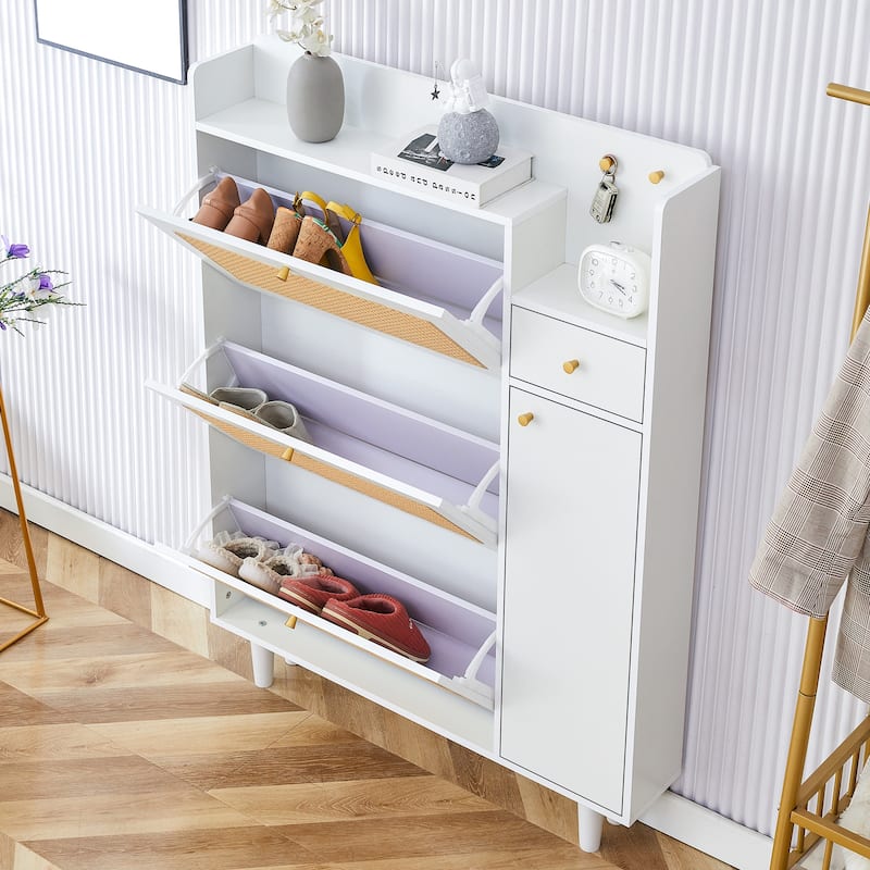 Stylish MDF Rattan Bed Top Cabinet, Shoe Rack Storage Cabinet for Bedroom, Hallway, Entryway with Retro Aesthetic