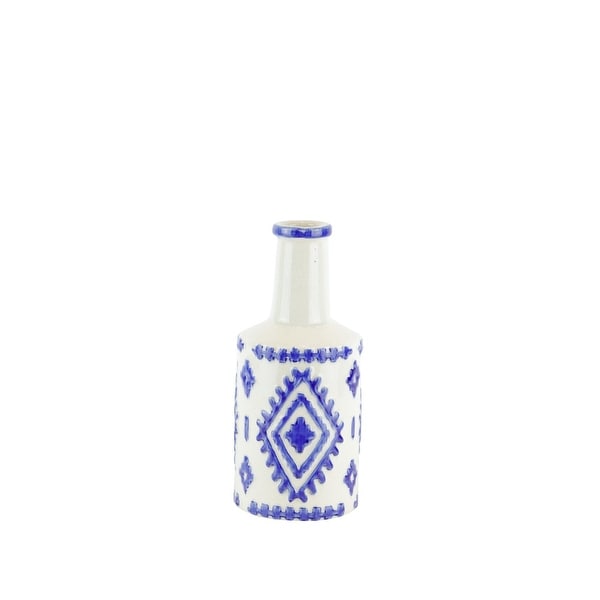 decorative Ceramic Bottle Vase with Tribal Pattern, White and Blue