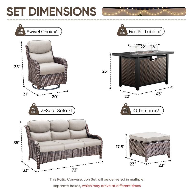 Pocassy Patio Sofa Swivel Chair Set with 43" Fire Pit Table
