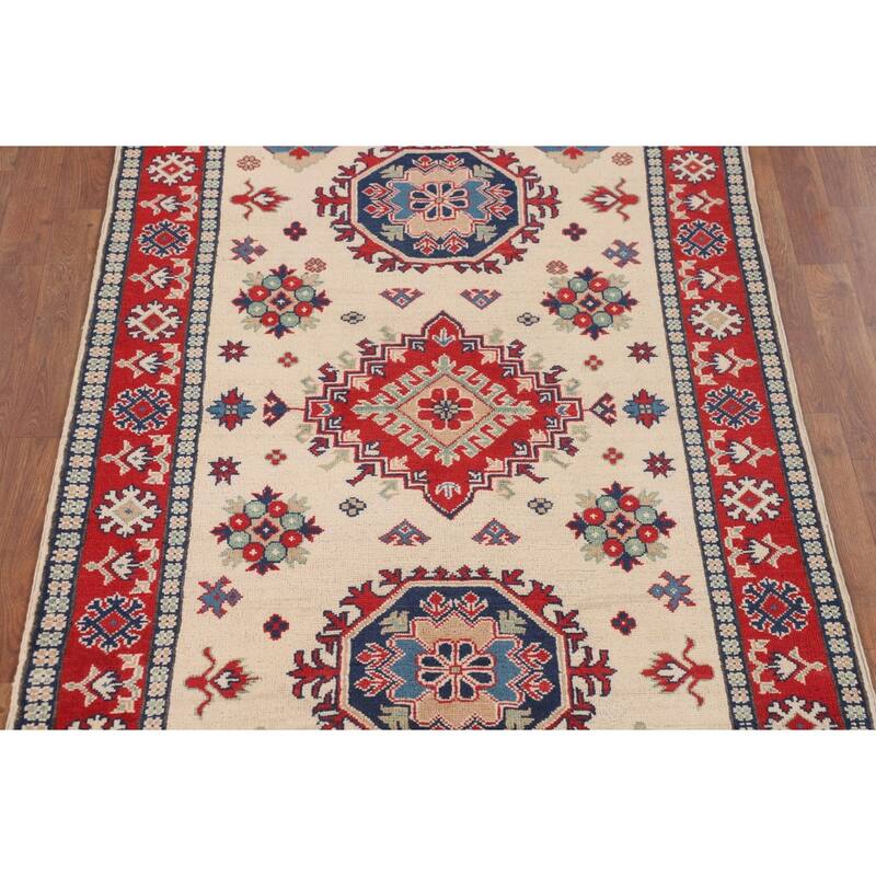 Geometric Ivory Kazak Accent Rug Hand-Knotted Wool Carpet - 3'11" x 5'11"